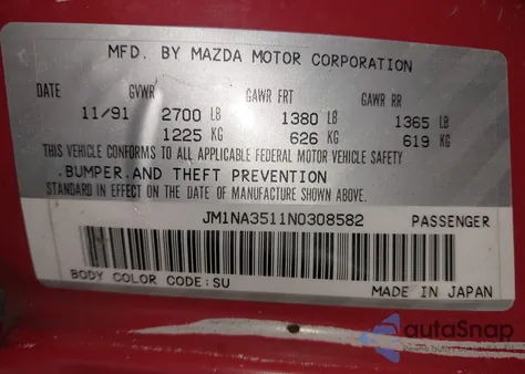 1992 Mazda Mx-5 Miata из США, поврежденный, VIN JM1NA3511N0308582